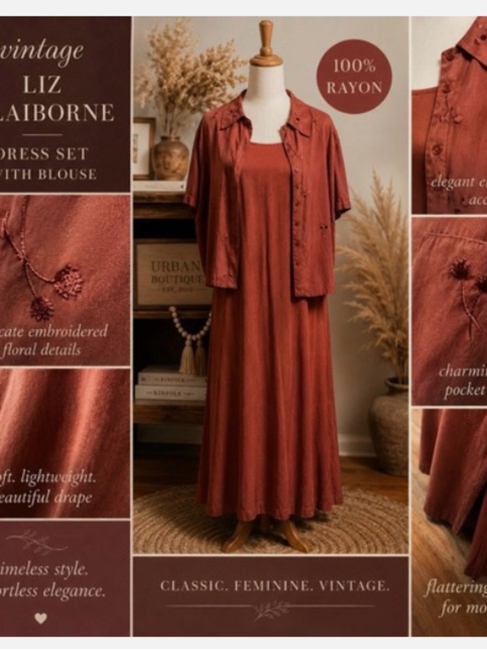Liz Claiborne vintage Rust Red Rayon Dress & Button Blouse Set